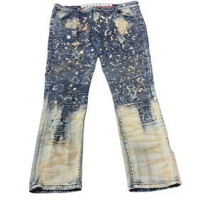 Encrypted Men's Destroyed Blue Denim Jeans 38 X 32 Distressed paint splatter Y2K